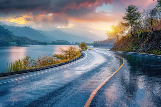 Beautiful landscape of winding wet asphalt road near the lake