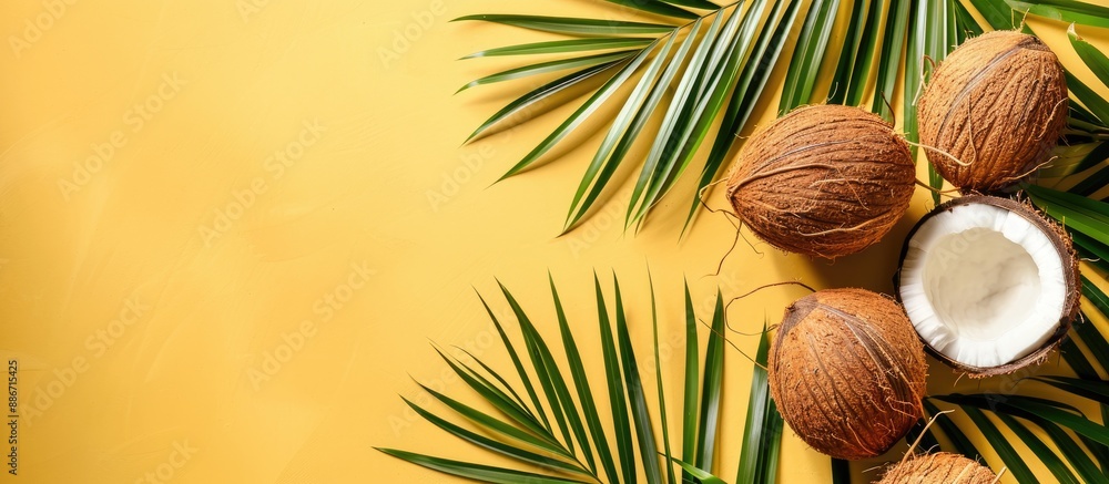 Canvas Prints Colorful background with ripe coconut and palm leaf set against a copy space image