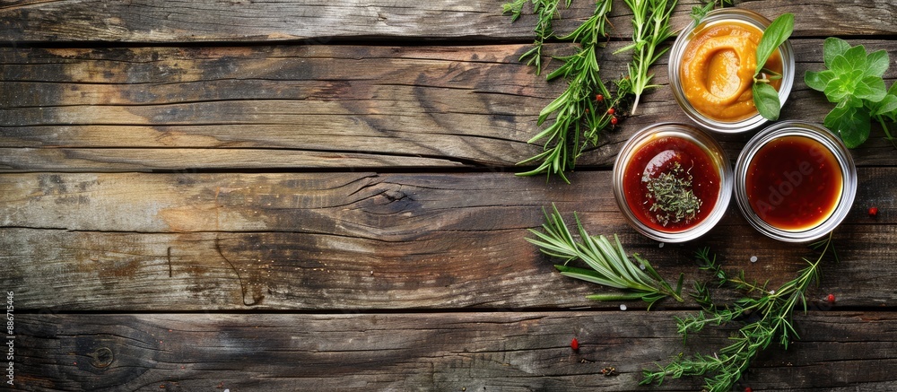 Poster various sauces and herbs arranged on a wooden table in a flat lay composition with ample copy space 