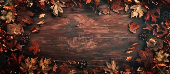 A wooden background is adorned with autumn leaves with space for adding images. Copy space image. Place for adding text and design