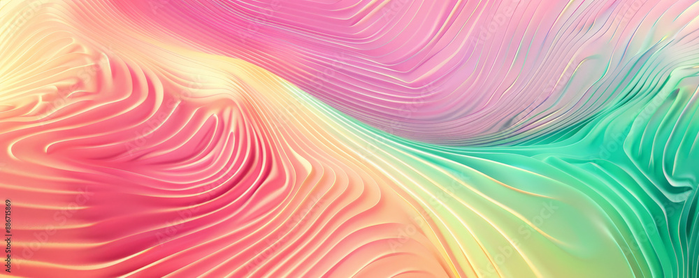 Poster a radiant gradient wave pattern with bold transitions from green to pink, featuring smooth, undulati