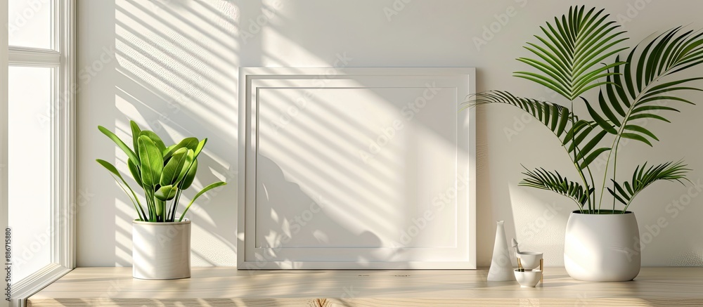 Poster home setting with a white horizontal frame and potted plants on a table perfect for showcasing a moc
