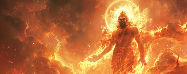 A majestic portrayal of the sage Agni, the god of fire, standing with a radiant halo and holding a