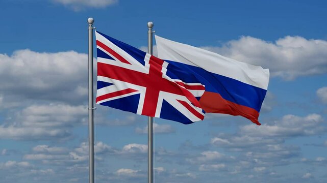 Russian Federation and United Kingdom flags flying together, video concept of the relationship