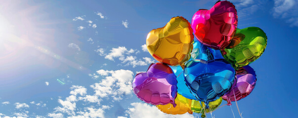 A colorful background featuring an array of love-shaped rainbow balloons tied together and floating