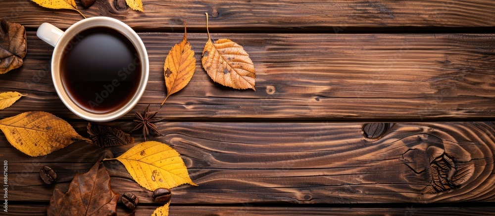 Poster top down view of a wooden table adorned with a coffee cup autumn leaves and a designated area for in