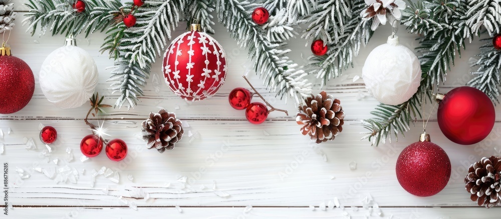 Poster christmas ornaments in red felt with pine branches on a white wooden table background creating a fes