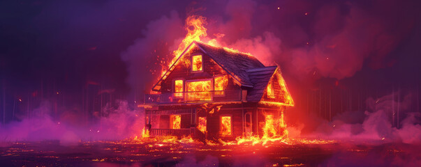 A house on fire, with flames and smoke billowing, isolated on a dark purple background. The intense