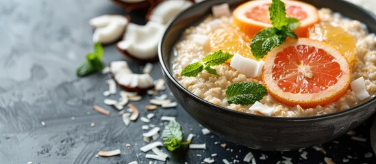 Focus on a breakfast bowl of oatmeal with coconut and citrus emphasizing selective focus with dedicated copy space image