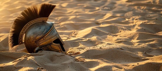 Empty copy space image for inscription featuring a Roman or Ancient Greek Legionary helmet on a sandy backdrop evoking an ancient warrior s essence