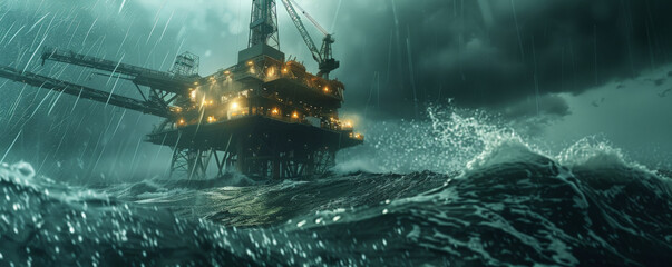 A dynamic view of an offshore oil rig drilling platform during a storm, with dark clouds overhead