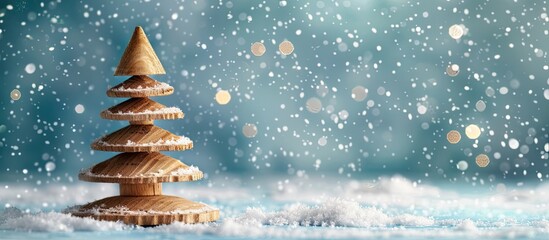 Minimal style greeting card featuring a wooden Christmas tree on a blue backdrop with copy space image twinkling lights snowfall highlighting a festive New Year celebration and winter holiday theme e