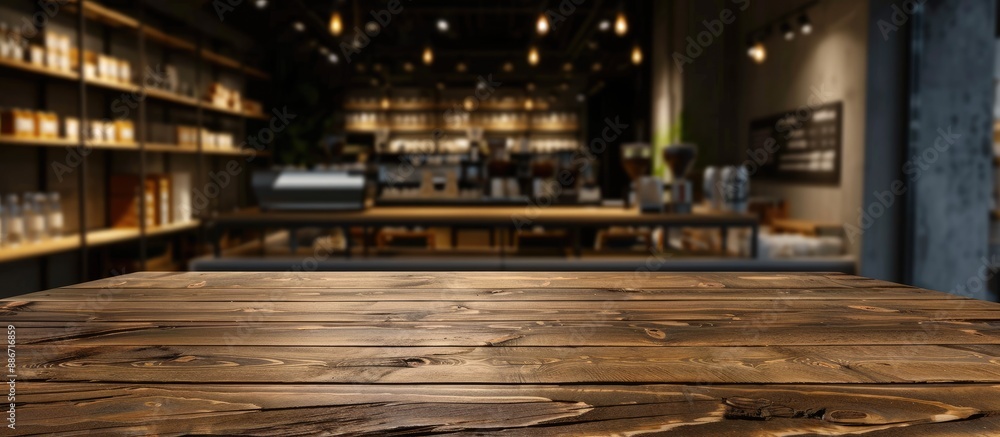 Poster empty brown wooden table with copy space image blurred coffee shop background for product display mo