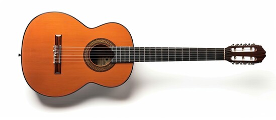 Isolated guitar with strings on a white backdrop providing a clear copy space image