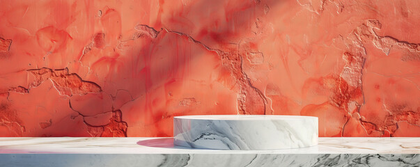 A contemporary marble podium with a smooth white finish, set against a bright coral wall. The bold