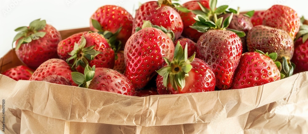 Poster a picture of ripe strawberries in a paper bag on a blank background representing nutritious eating. 