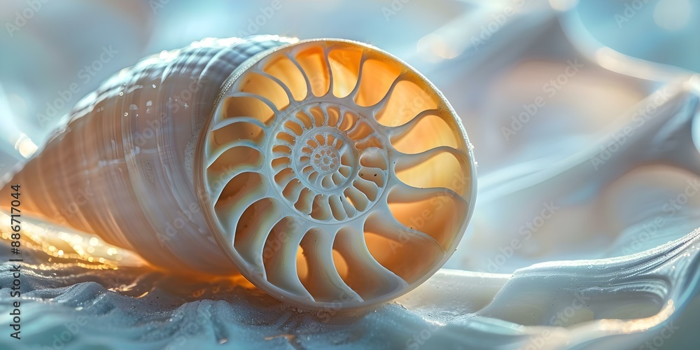 Poster stock photo of a split nautilus shell with fibonacci spiral pattern. concept shell, nautilus, fibona