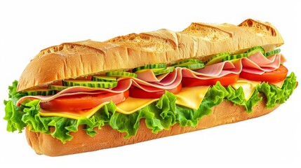 Submarine Sandwich with Ham and Veggies: Isolated on White - Delicious Banner for Food Marketing
