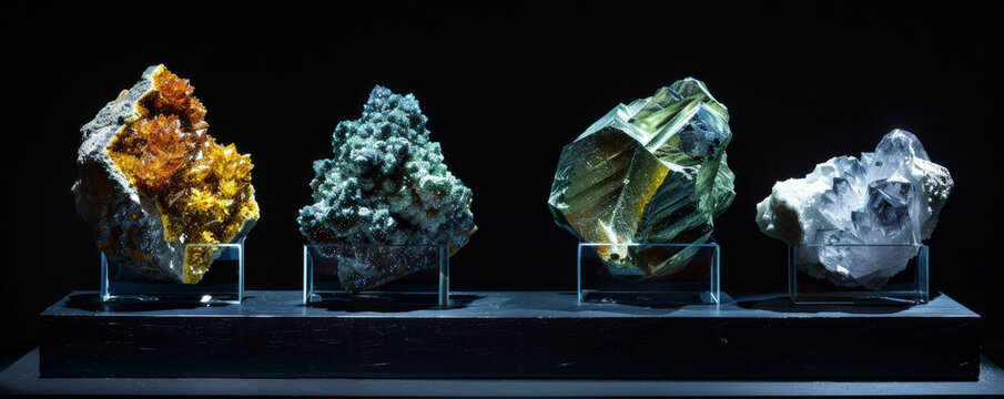 A rare earth mineral display set against a black background, highlighting the bright, reflective surfaces of elements like ytterbium and scandium. The contrast emphasizes their unique properties.