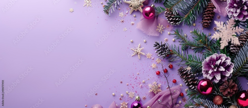 Poster a holiday themed setting with a white central area purple background and flowers on the right creati