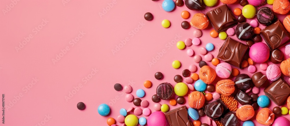 Poster a colorful assortment of candy displayed on a colored background in a flat lay with a top view the i