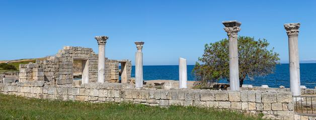 Panorama of the ruins of the ancient basilica. Chersonesos, Sevastopol, Crimea