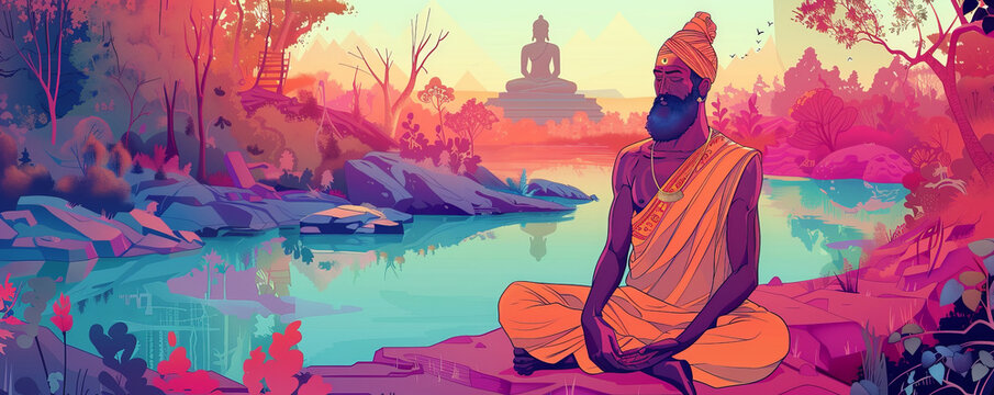 A vibrant illustration of the sage Bharadvaja, the author of the Vedas, seated in meditation with a calm and wise expression. The background features a serene river and forest setting.