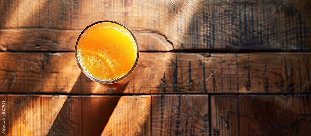 Poster An aerial view of a glass of orange juice on a wooden table prepared for a fruit product display or composition with space for text or images. Copy space image. Place for adding text and design