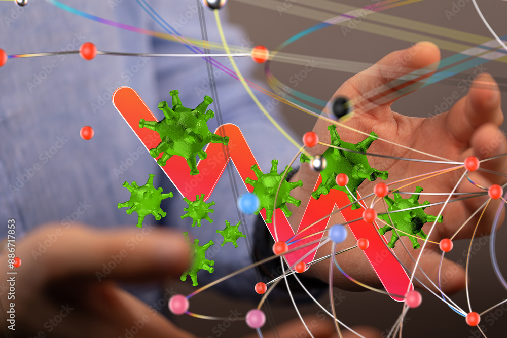 Poster virus connecting lines and dots.big data visualization - 3d