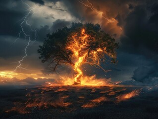 Fototapeta premium Fiery Tree in a Stormy Sky