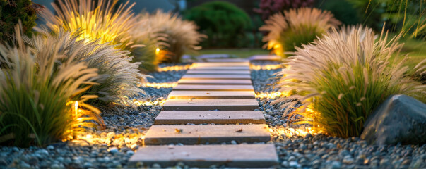 A modern garden pathway with stepping stones, ornamental grasses, and strategically placed lighting to guide the way.