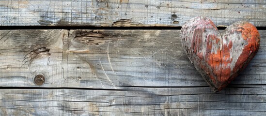 A rustic heart crafted by hand on a weathered wooden backdrop with space for text or design seen from above. Copy space image. Place for adding text and design