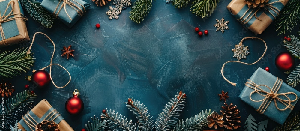 Poster top view of a christmas themed background featuring protective masks ideal for adding text or design