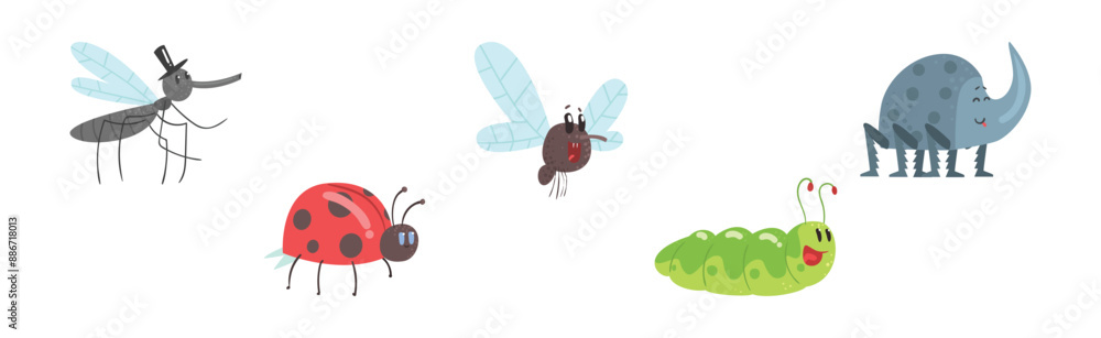 Poster funny insect character with smiling face vector set