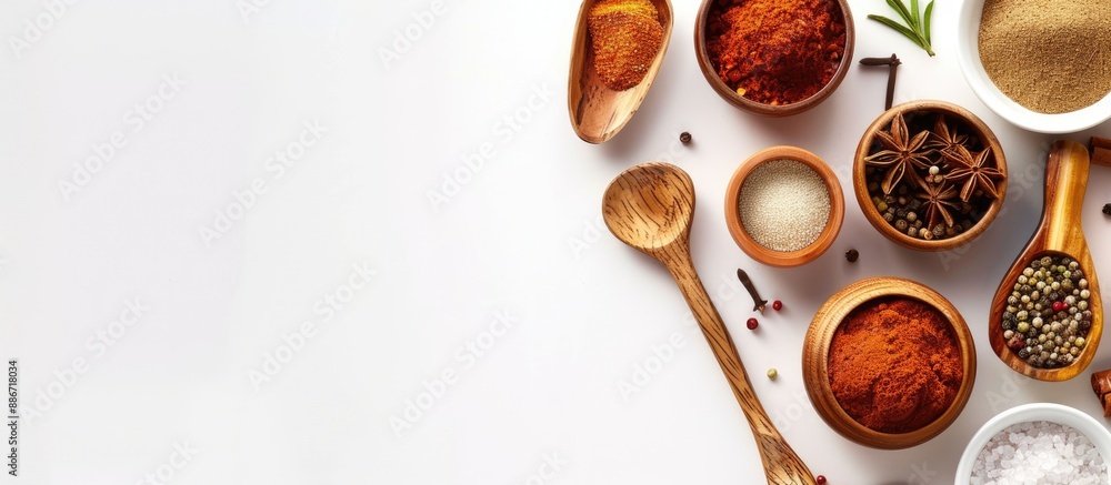 Poster top view of a selection of indian spices in containers and utensils on a white backdrop with room fo