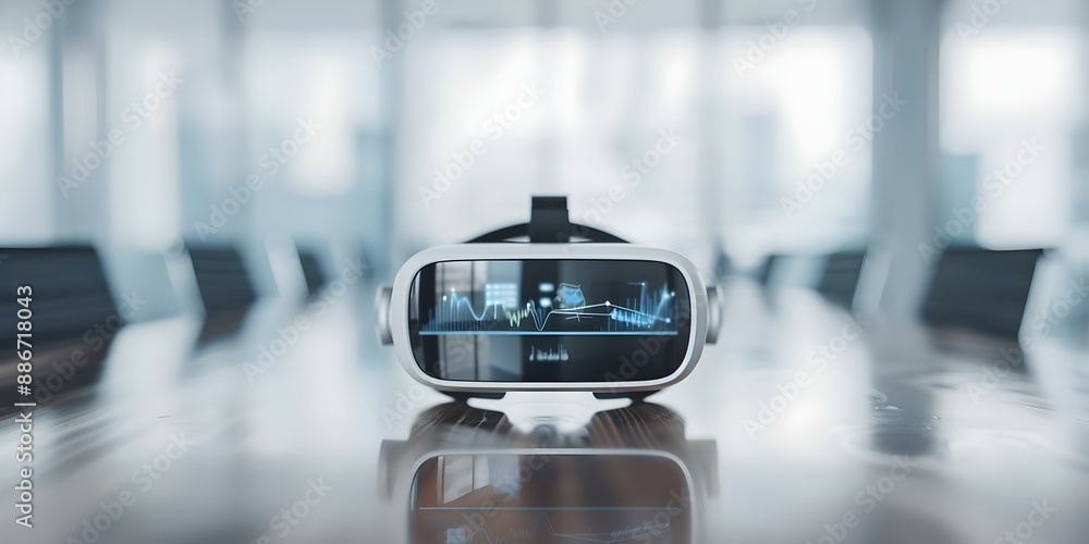 Poster virtual reality meeting room with floating data points for immersive presentations. concept immersiv