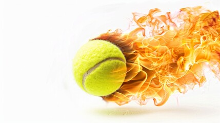 Flying tennis ball on fire. Isolated on white background.