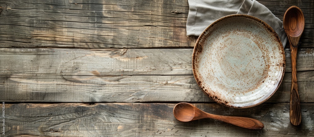 Poster an old wooden table with a plate and a wooden spoon on it providing a rustic backdrop for a mealtime