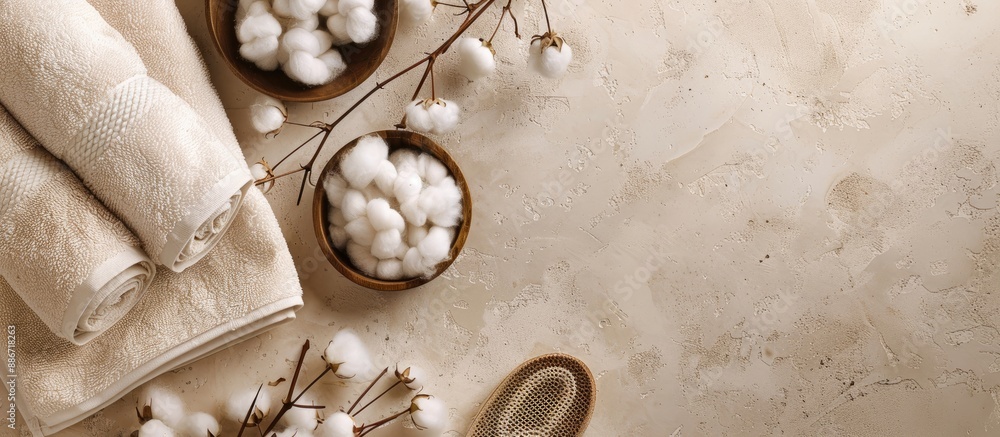 Aufkleber a beige surface featuring cotton towels from a top view with copy space image included is displayed