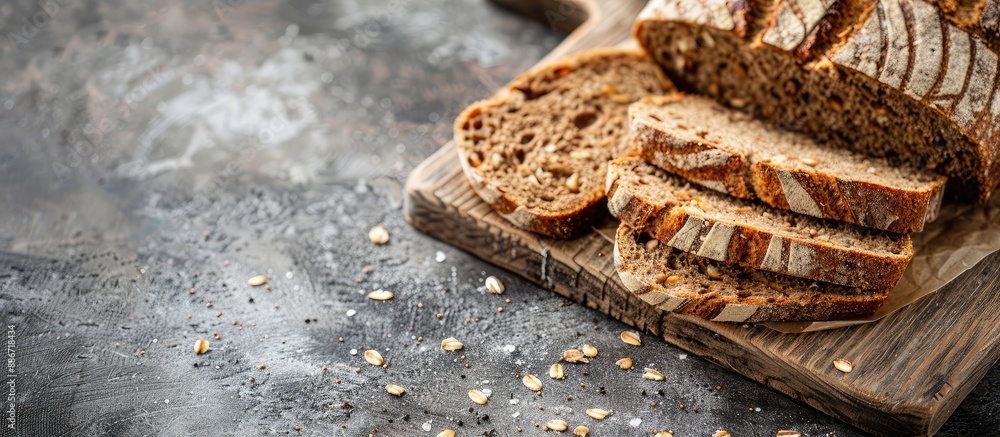 Poster homemade wheat bread loaf and finnish rye sourdough with slices displayed on a copy space image