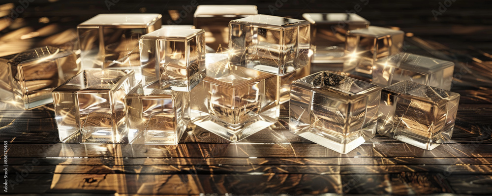 Poster a complex geometric pattern with clear glass cubes in various sizes, stacked in a staggered