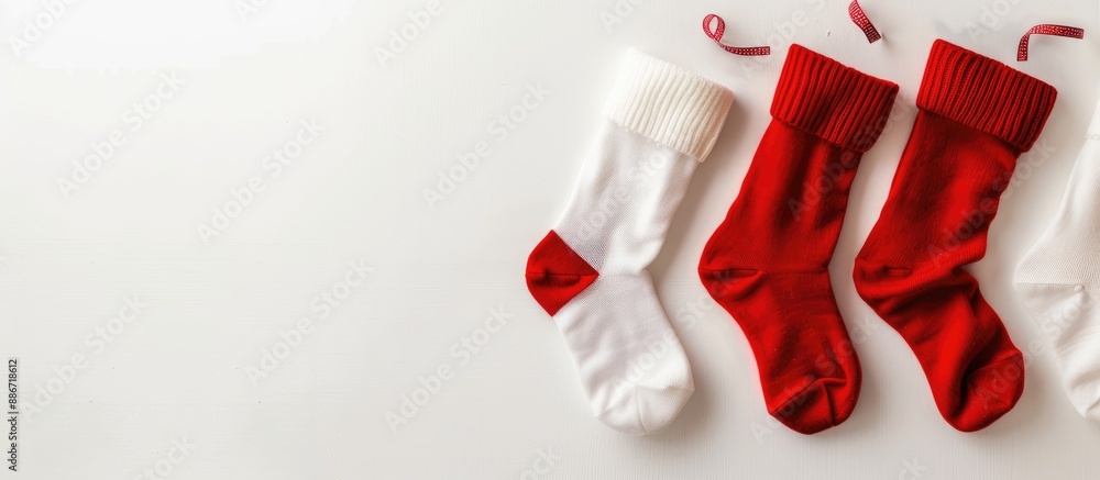 Poster three christmas socks in red and white colors on a white background with a tape for hanging photogra
