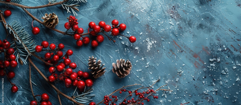 Poster close up view of a christmas themed branch embellished with red berries and a pine cone surrounded b