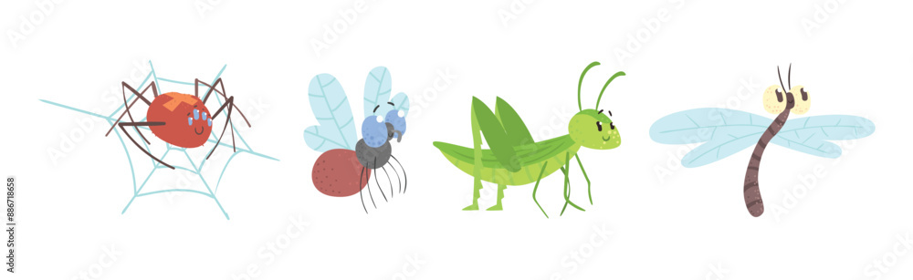 Poster funny insect character with smiling face vector set