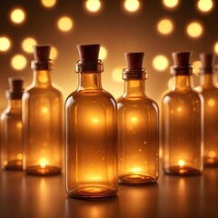 Amber glass bottles with a luminous, shimmering golden bokeh suggesting home brewing, beer making, wine making or olive oil making.