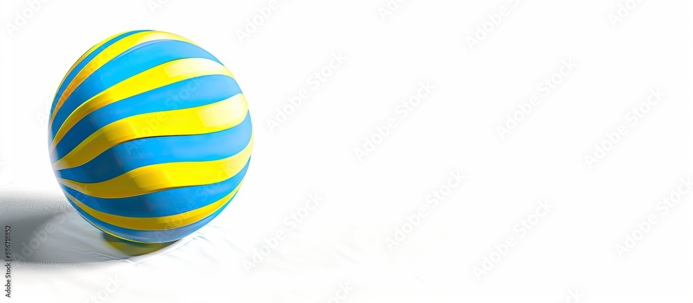 Poster a festive blue and yellow striped ball with shadows perfect for holiday designs on a white backgroun