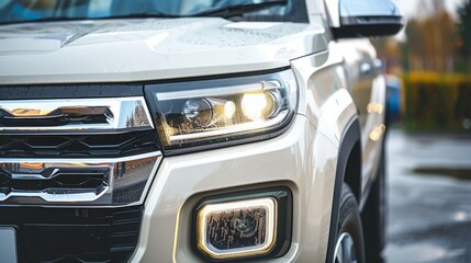 White SUV Headlight with Raindrop: Automotive Detail Photography - Weather and Vehicle Visual