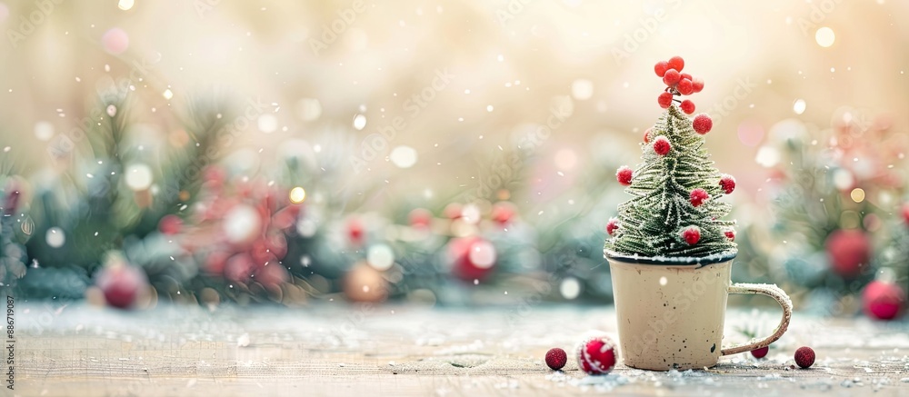 Poster a tiny christmas tree placed in a cup with a festive background providing copy space image