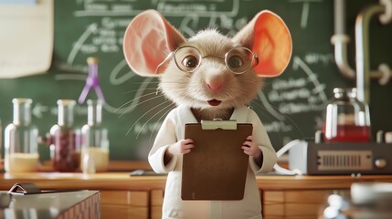 An adorable mouse in a lab coat and tiny glasses, holding a clipboard, standing in a school laboratory