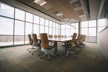 Interior with desks and chairs in a modern, clean conference room with large windows, Generative AI
